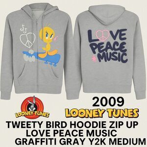 2009 Looney Tunes Tweety Bird M Hoodie Zip Up Love Peace Music Graffiti Gray...